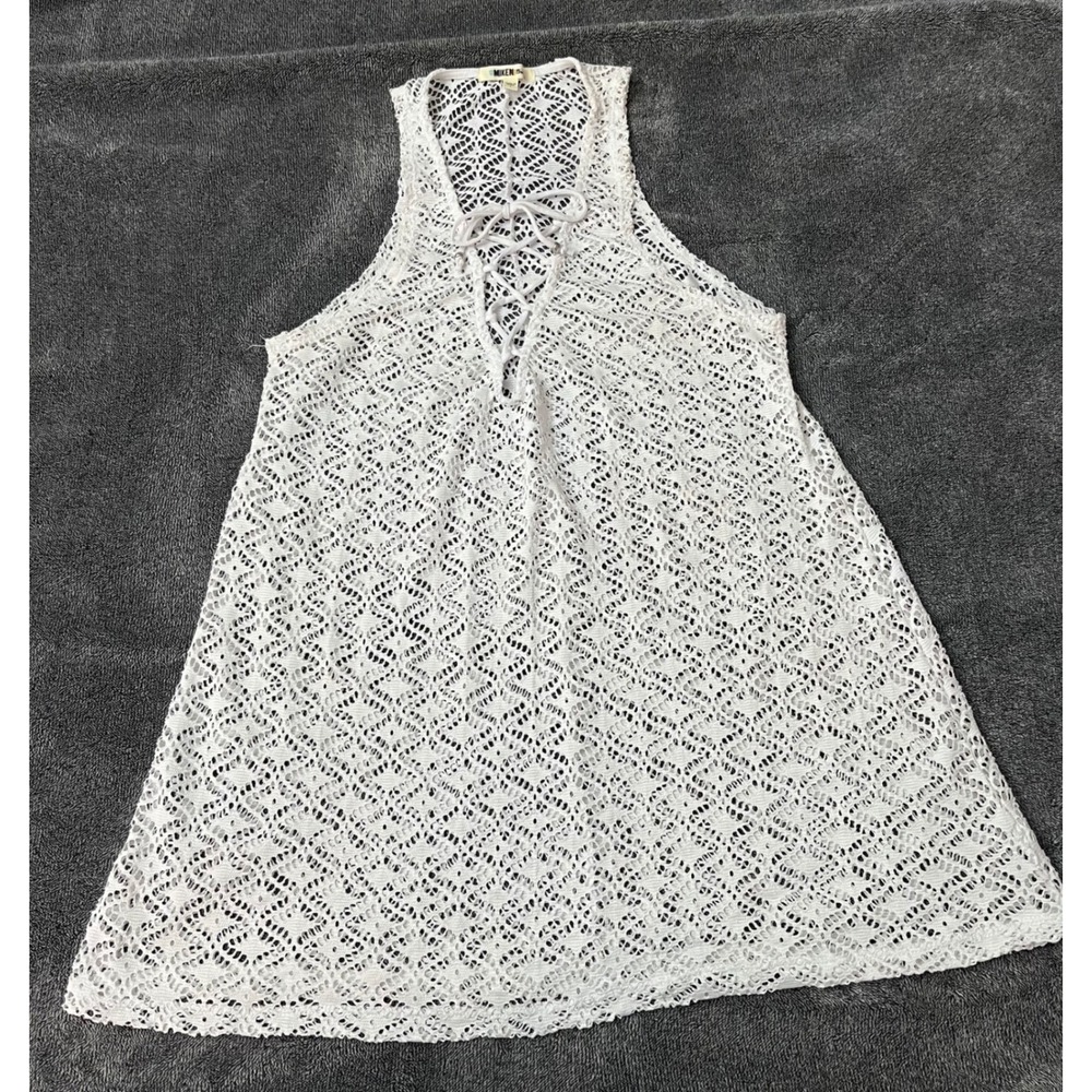Boho Miken Swim White Lace Crochet Cover Up Dress Lace Up V-Neck Beach Vacation